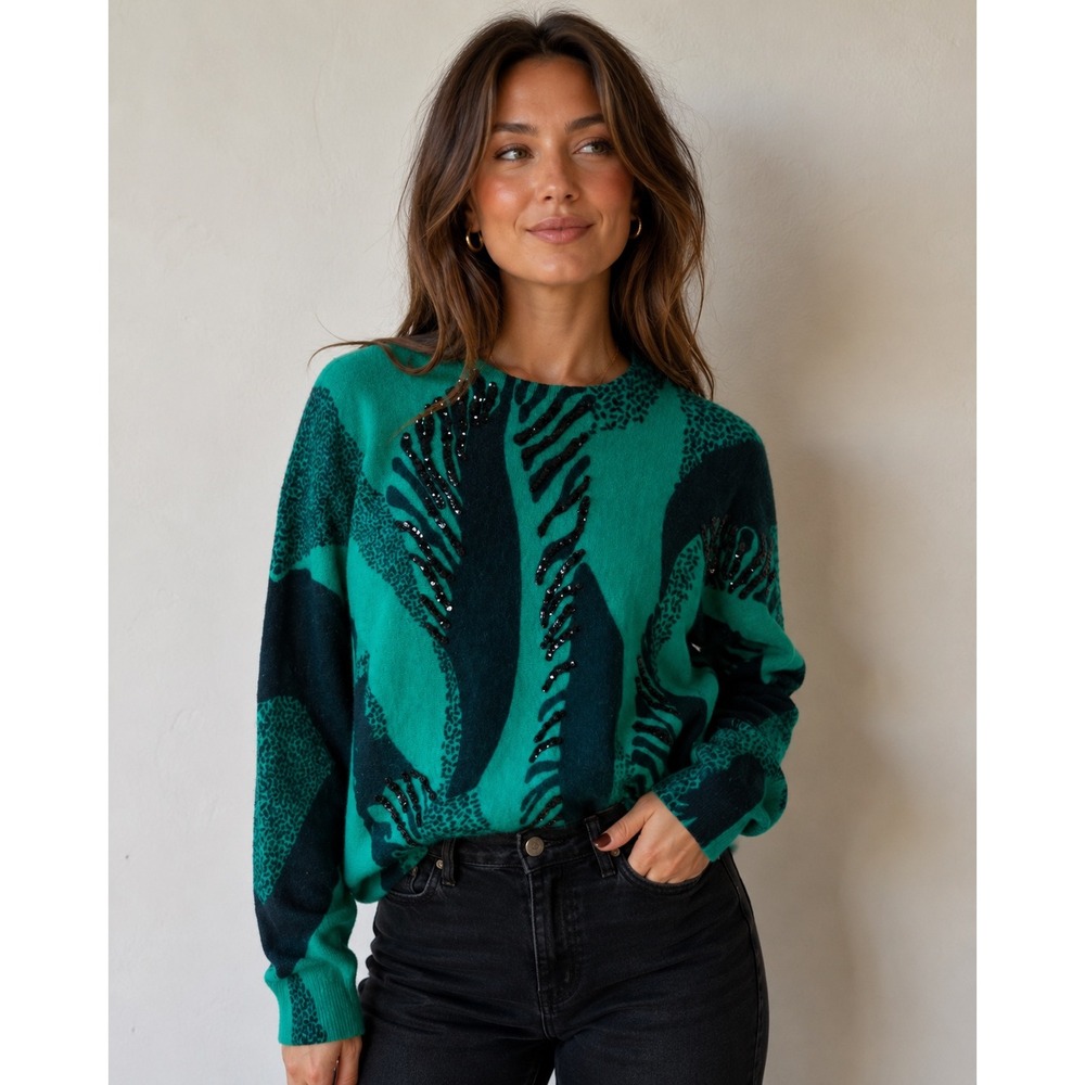 Vintage Tiano Sweater Womens Medium Green Black Sequin Lambswool Angora Knit 80s